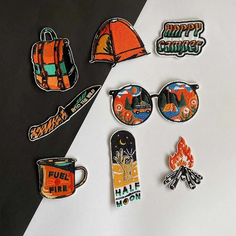 Parche de tela para acampar, 5 piezas, 8 piezas, apliques de hoguera, insignias Happy Camper, parches bordados, suministros de costura, pegatinas para ropa - imagen 2