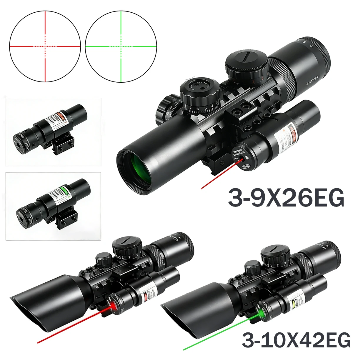 Mira telescópica táctica con retícula láser rojo/verde y Picatinny