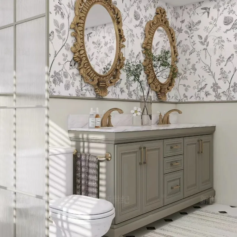 Combinación de gabinete de baño de panel de roca de estilo americano y francés personalizado, lavabo integrado de cerámica sin costuras de madera maciza, - imagen 5