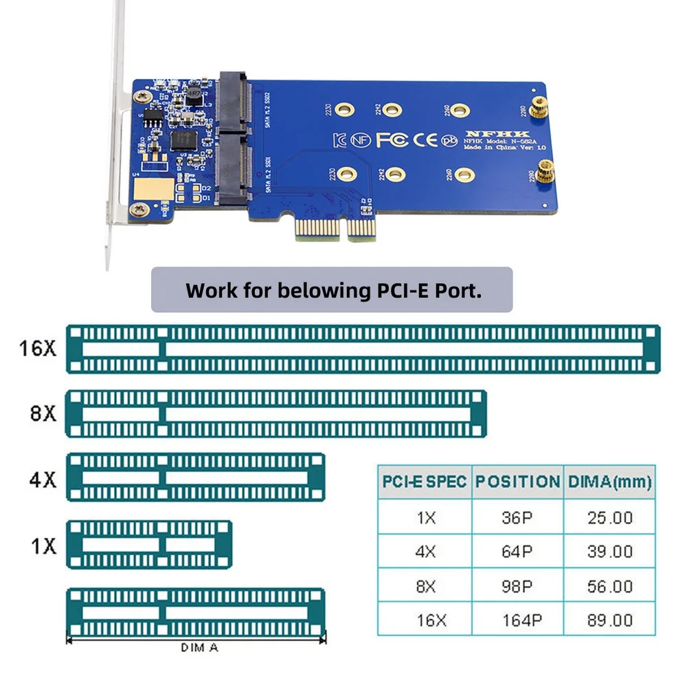 Adaptador de escritorio de placa base, convertidor de tarjeta SSD JMB582 2280 Dual SATA NGFF Key B + M SSD a PCI-E 1x - imagen 2