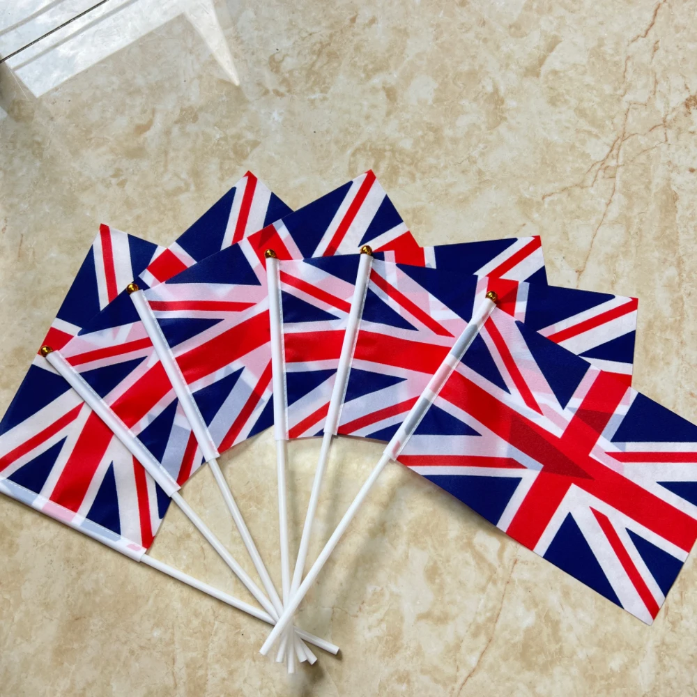 Bandera nacional de Inglaterra de 21x14cm, bandera voladora del Reino Unido, pancarta del Reino Unido de Gran Bretaña con mástilones de plástico, banderas onduladas a mano