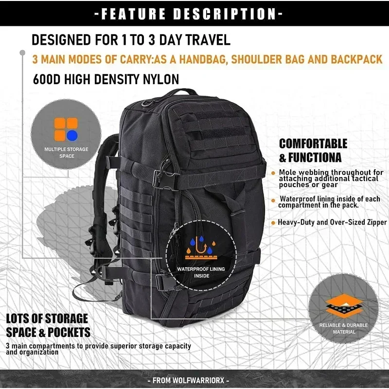 Bolsa de viaje de 30L, 45L, 80L, mochila táctica militar con correa ajustable, bolsa de fin de semana para hombres y mujeres, bolsas de gimnasio impermeables - imagen 4