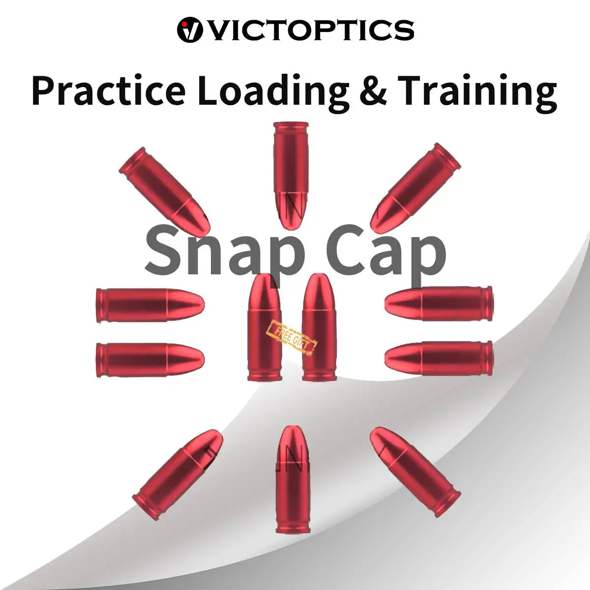 Victoptics Snap Caps de Aluminio .223 / 9mm / 12GA / .22 LR — Práctica segura de tiro en seco, reutilizables, anodizados en rojo, con correa, paquete de 6