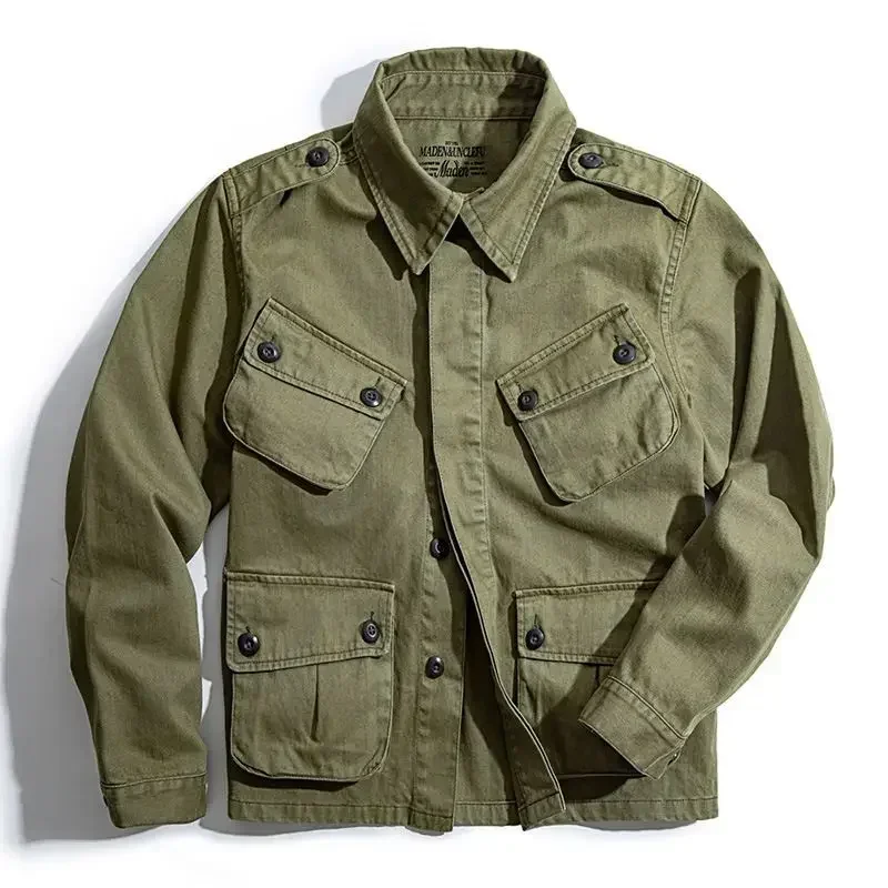 Chaqueta Bomber para hombre con múltiples bolsillos, chaqueta táctica militar de un solo pecho, cortavientos para primavera y otoño, abrigos Retro de manga larga lisos - imagen 5