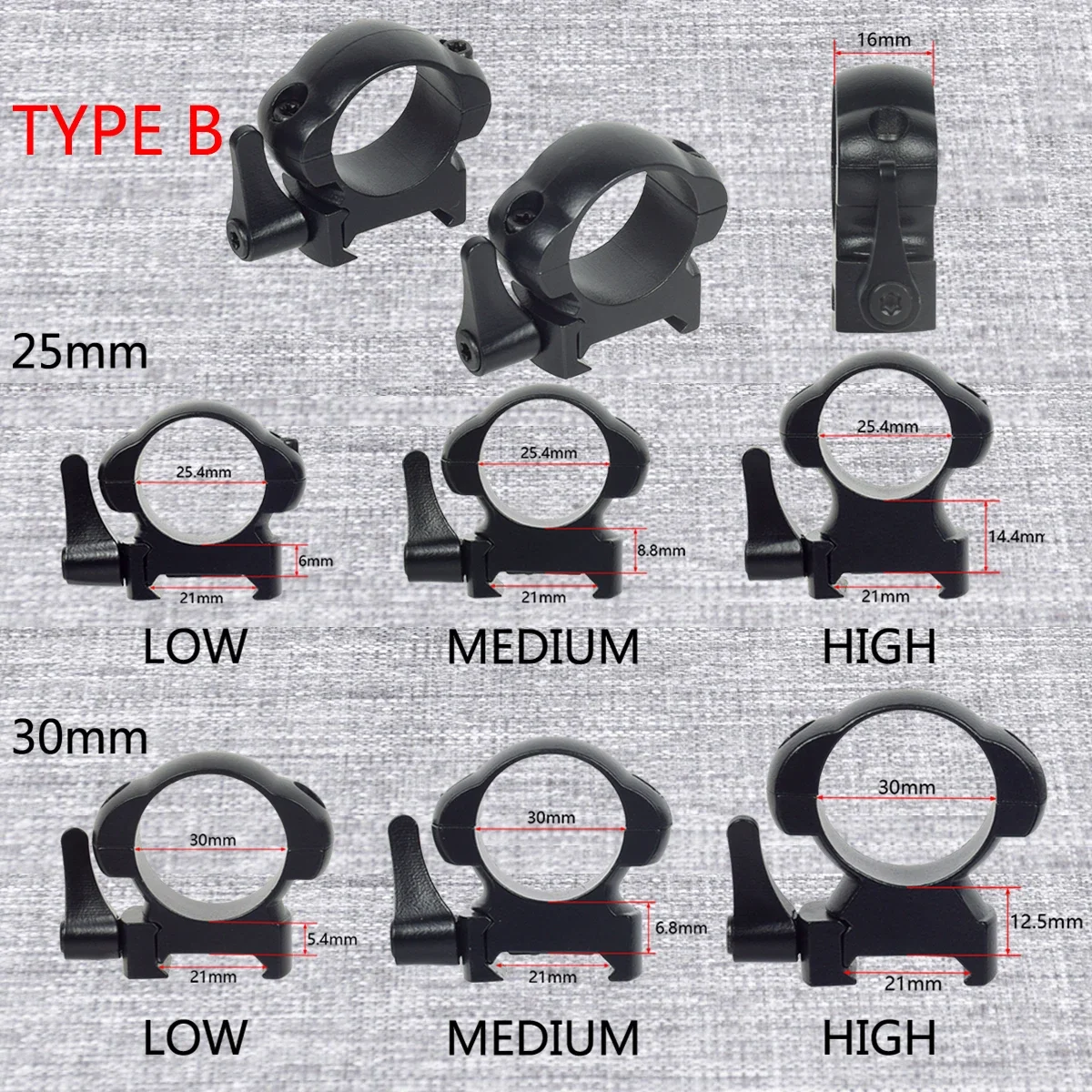 Táctico 2 unids/set de acero de liberación rápida bajo medio alto perfil Picatinny 25,4mm 30mm de diámetro anillos de alcance de caza - imagen 4