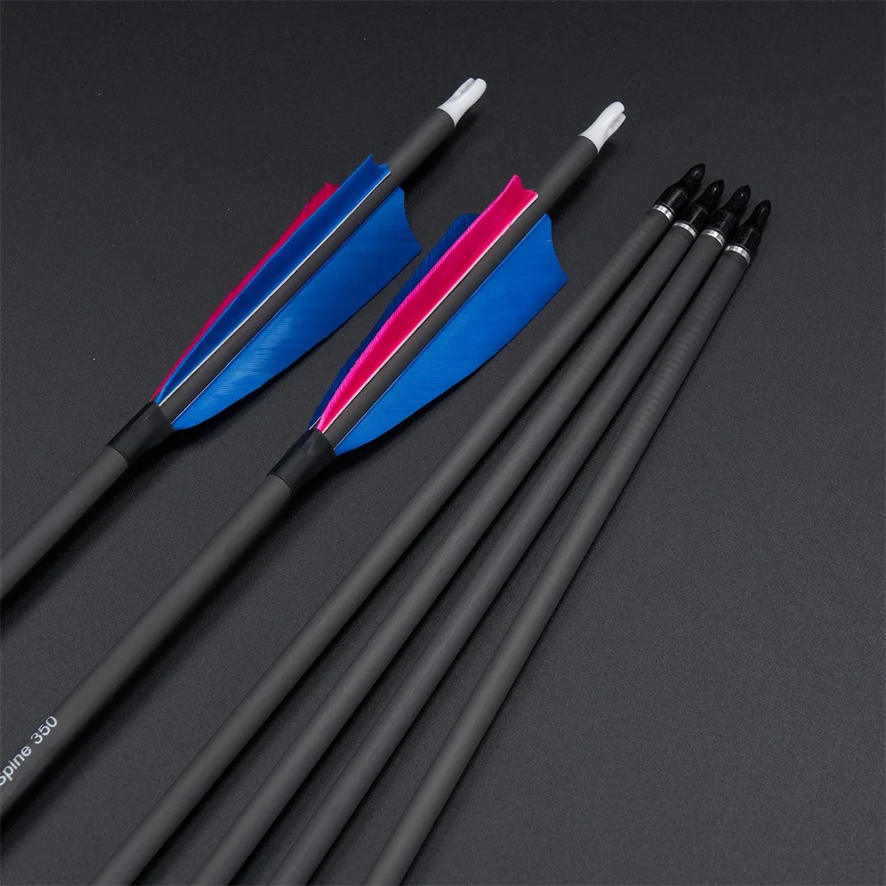 Tiro con arco 100% flechas de carbono puro 350 de columna vertebral con plumas reales de 4 pulgadas 100 puntos de grano para arco largo recurvo compuesto - imagen 3