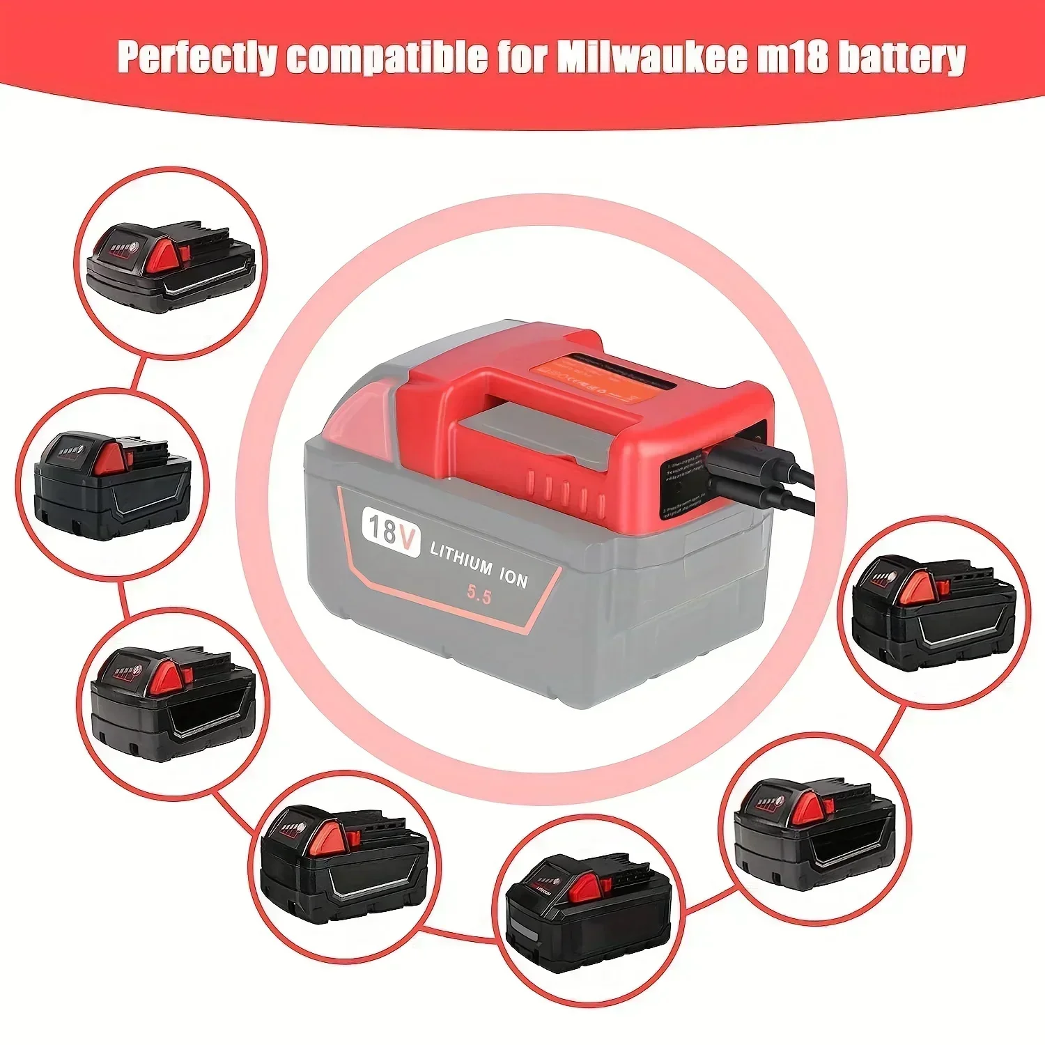 Adaptador de cargador USB Compatible con batería Milwaukee M18 de 18V, puerto de salida dual con interfaz de carga USB y tipo C - imagen 2