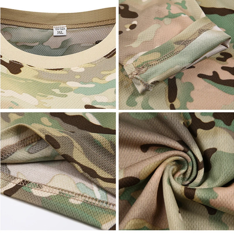 Camiseta táctica de camuflaje para hombre, camisa de manga corta de secado rápido con cuello redondo, ropa de combate para caza y Camping, Verano - imagen 3