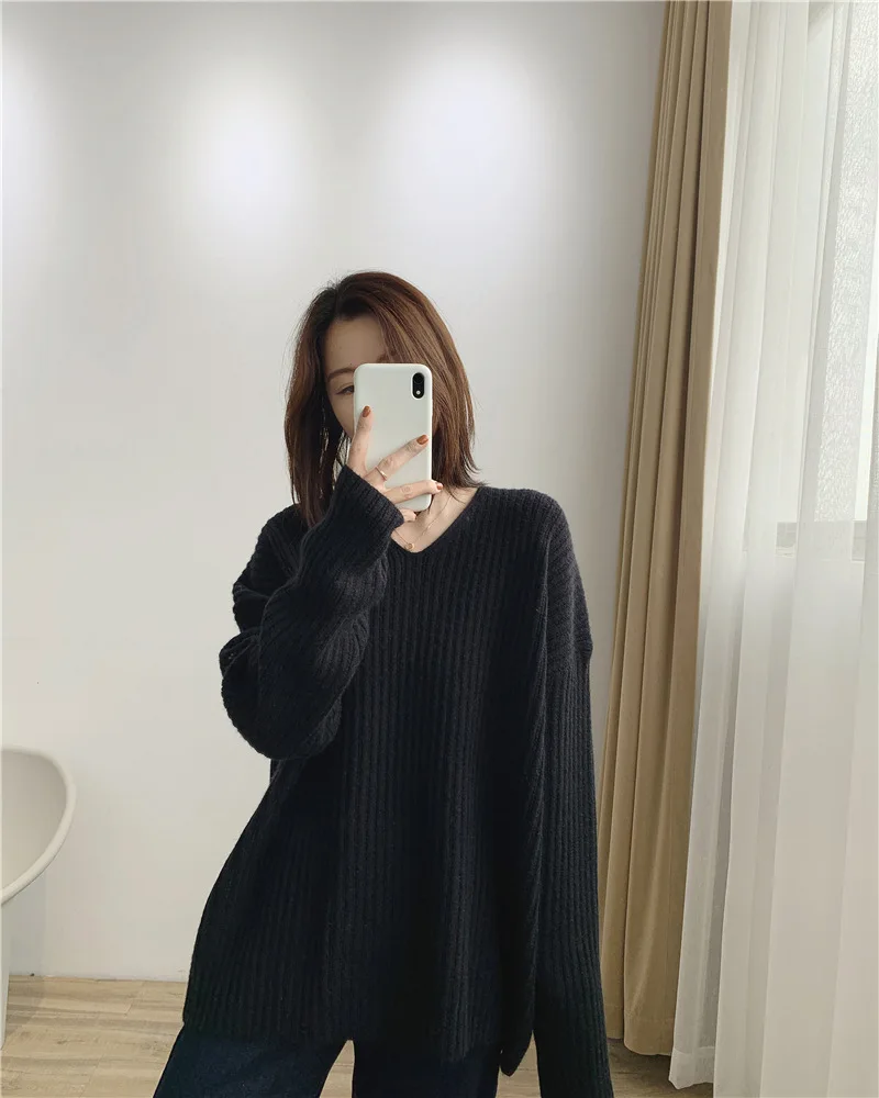 Suéter con cuello en V para mujer, Tops holgados Vintage, jerséis de punto de manga larga, jerséis cómodos para mujer para primavera y otoño - imagen 4