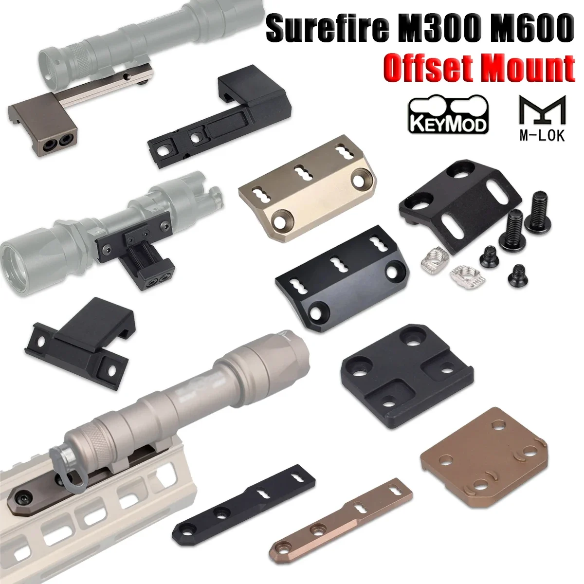 Soporte táctico ARIS serie Surefire M300 M600, montaje de explorador compensado compatible con Mlok Keymod SMR, Base de riel Airsoft M951 M620, soporte para linterna