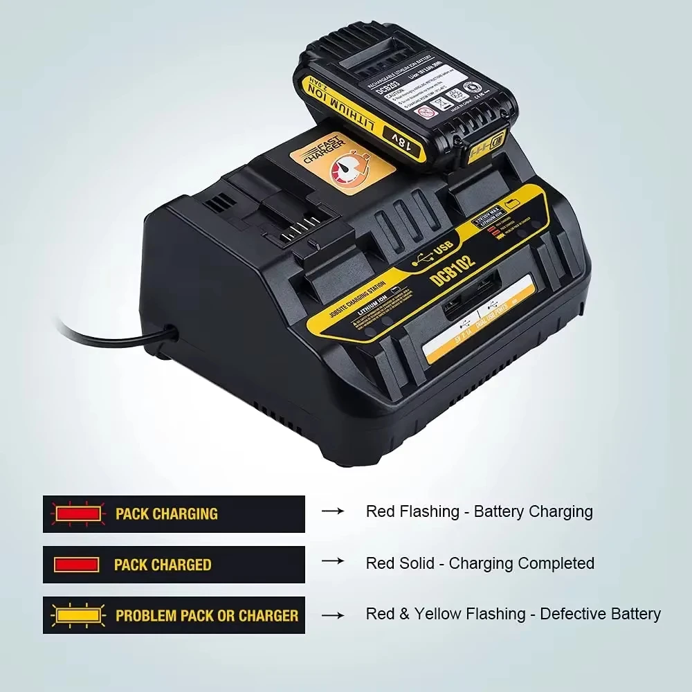 Cargador de batería de iones de litio DCB102 de carga rápida para DeWalt 12V 14,4 V 18V 20V DCB105 DCB200 doble posición de carga con puerto USB - imagen 5