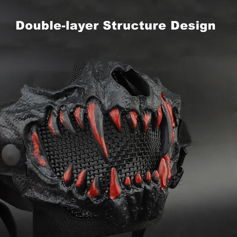 Máscara de Tusk, protección facial Cráneo Fang Oni Malla táctica Máscara samurái Media cara para caza Airsoft CS Halloween Cosplay - imagen 4