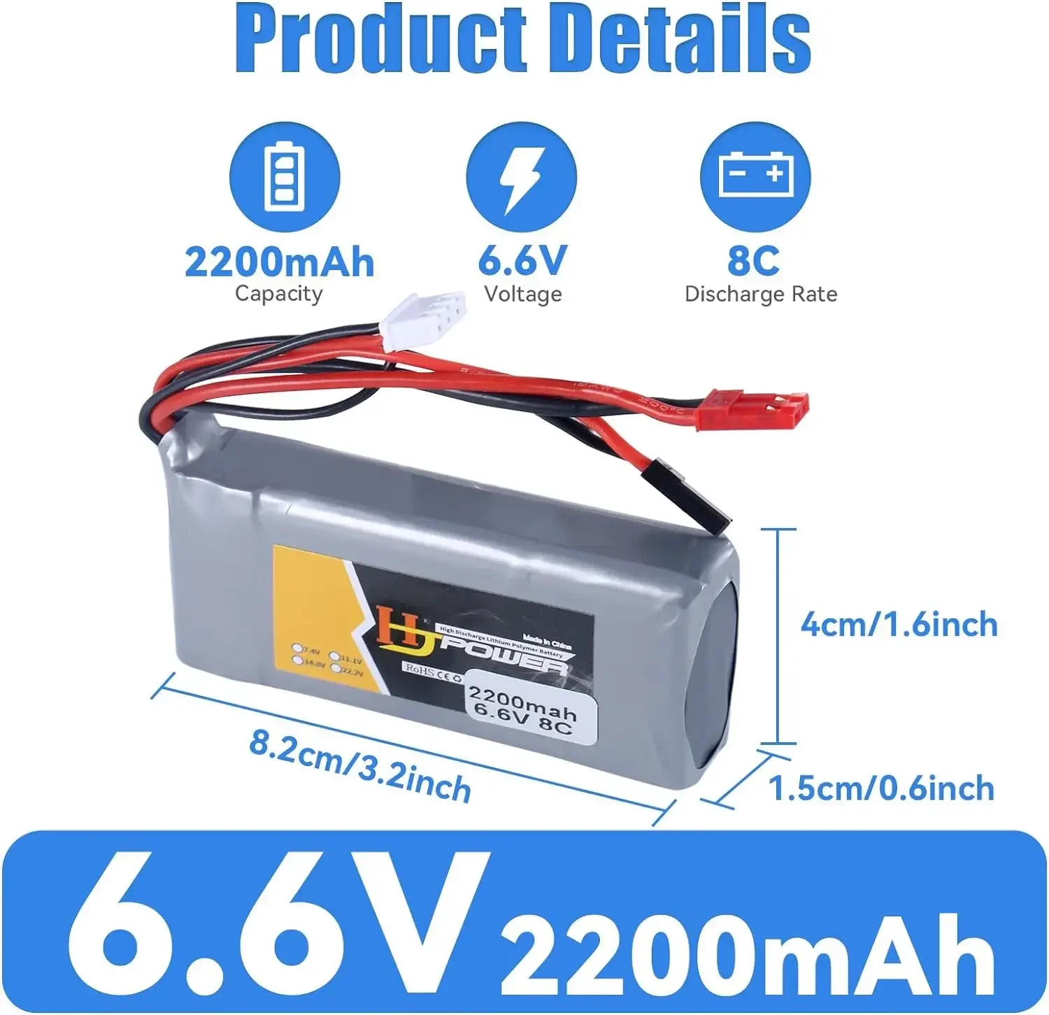 Batería LiFePO4 de 6,6 V, 8C, 2200mAh para receptor RC 18SZ 14SG 10J T8J T6J 7PX 4PX 4PV 4PLS 4PK 3PV T4PM con enchufe Futaba y JST - imagen 2