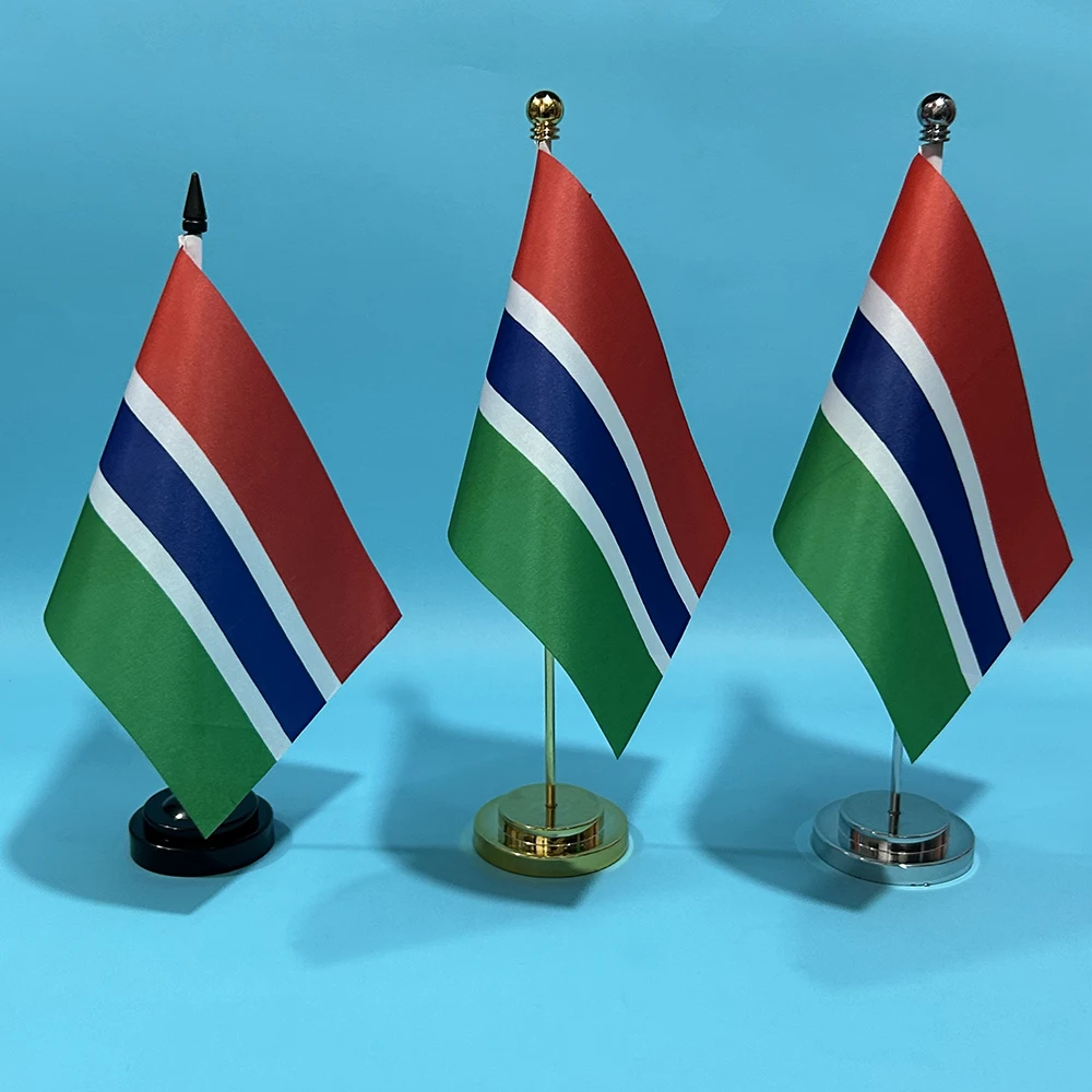 BANDERA DE SKY Escritorio de oficina Bandera pequeña Bandera de Gambia 14x21 cm Poliéster Bandera nacional de Gambia Banner de país de GAM Adornos de escritorio Banderas