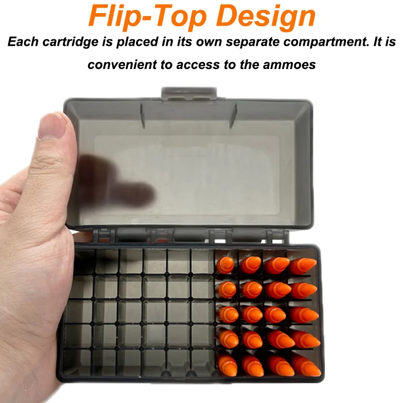 Caja de munición para Rifle abatible de 50 balas, estuche de almacenamiento de cartuchos para Rifle táctico, lata de munición para calibre de alfombra de 5,56x45/.17/.222/.223/204 - imagen 5
