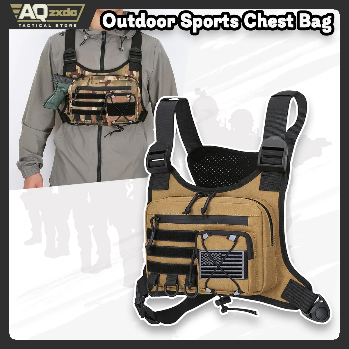 AQzxdc Bolsa de pecho para deportes al aire libre para hombres, funda para chaleco en el pecho que se adapta a la mayoría de las pistolas, paquete de pecho de viaje EDC para correr, senderismo