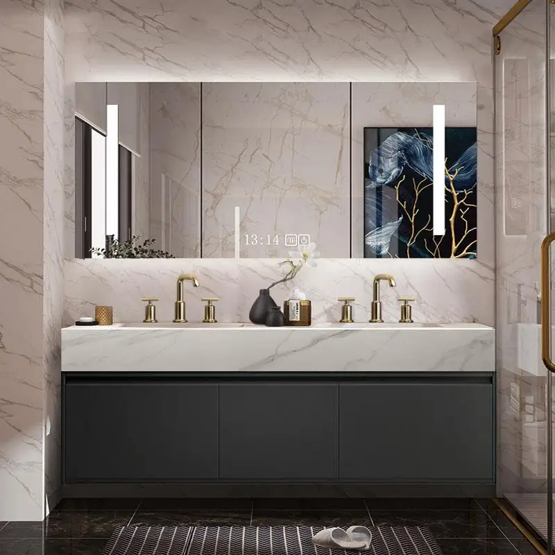 Tablero de roca de lujo ligero, gabinete de baño de lavabo doble simple y moderno, combinación de pintura para hornear de roble, lavabo de baño, lavarse las manos - imagen 3