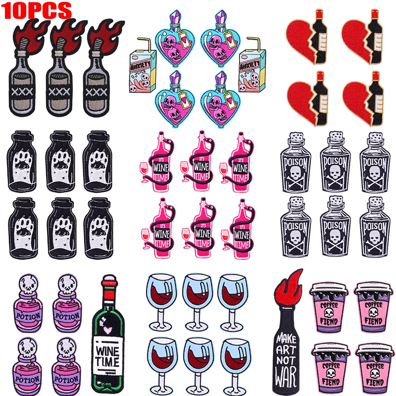 10 unids/lote botella de copa de vino tinto parche bordado hierro en parches para ropa personalizado Punk botella de dibujos animados parche chaquetas DIY