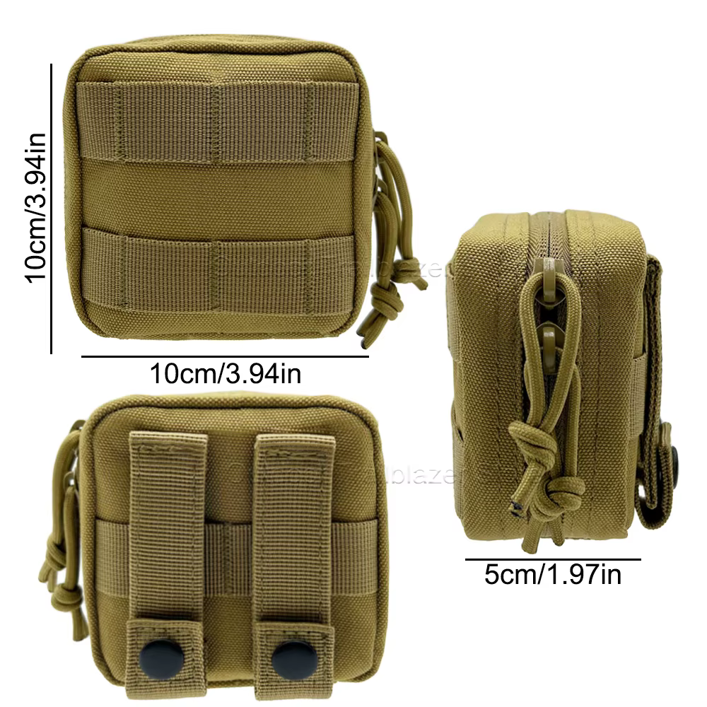 Vista frontal de la bolsa táctica Molle con cremalleras y correas