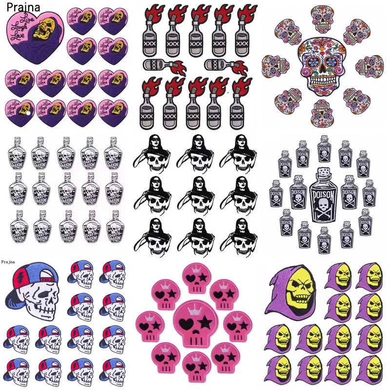 10 Uds. Venta al por mayor parche de calavera Hippie parches para planchar para pegatinas de ropa parches bordados de motorista Punk en ropa apliques DIY