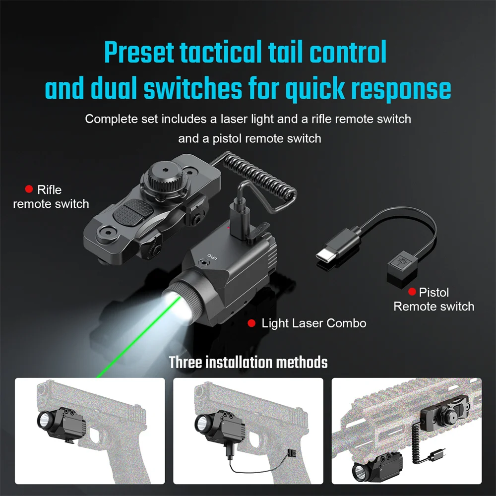 Combo de mira láser con luz de pistola de 1000 lúmenes para pistolas, Rifles, linterna táctica láser roja y verde para rieles Picatinny de 20mm - imagen 4