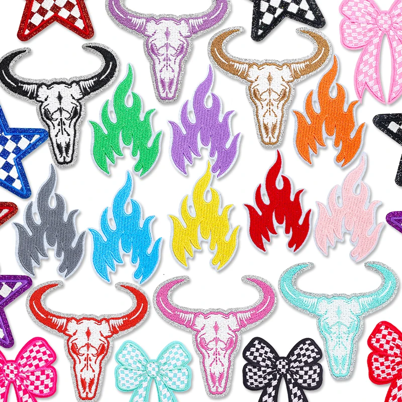 Parche de vaqueras occidentales de dibujos animados, parche bordado con lazo de pentagrama y cabeza de vaca en llamas para ropa, parches para planchar para ropa, sombrero DIY
