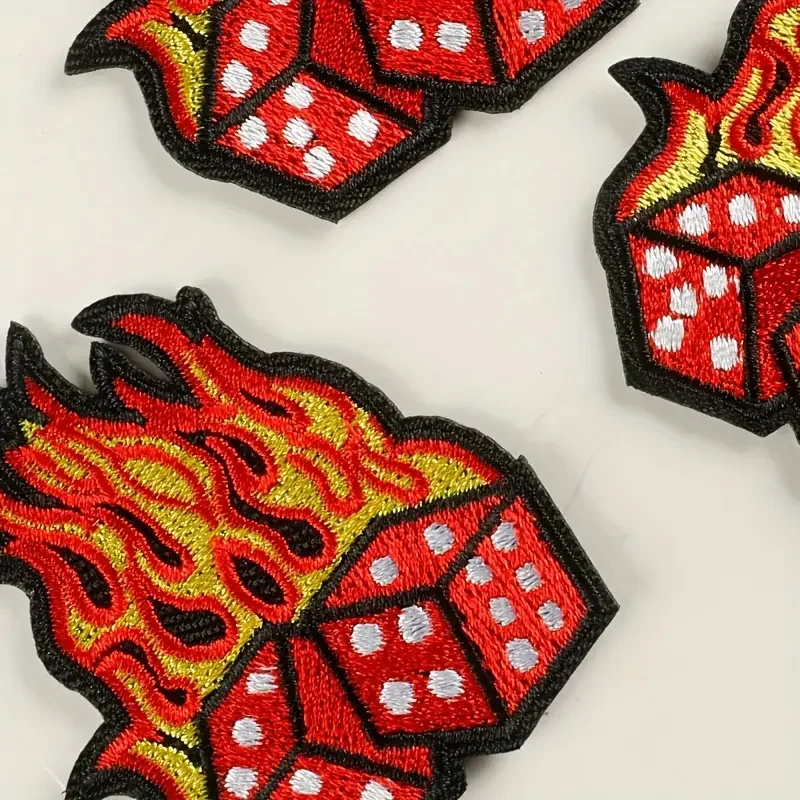 Parche bordado para planchar con patrón de llamas y dados, ropa para niños y niñas, camiseta, bolsa de almohada, suministros de bricolaje, 3 piezas - imagen 3