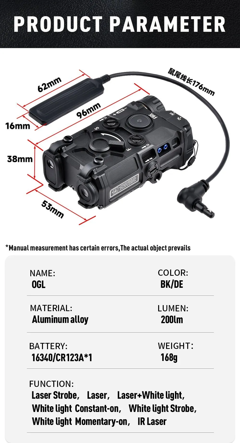 Una página de parámetro de producto para una cámara