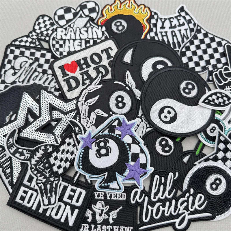 27 unids/lote parches bordados en blanco y negro para chaqueta, sombrero, pegatinas para planchar, costura DIY, insignias de decoración de ropa número único 8 - imagen 2