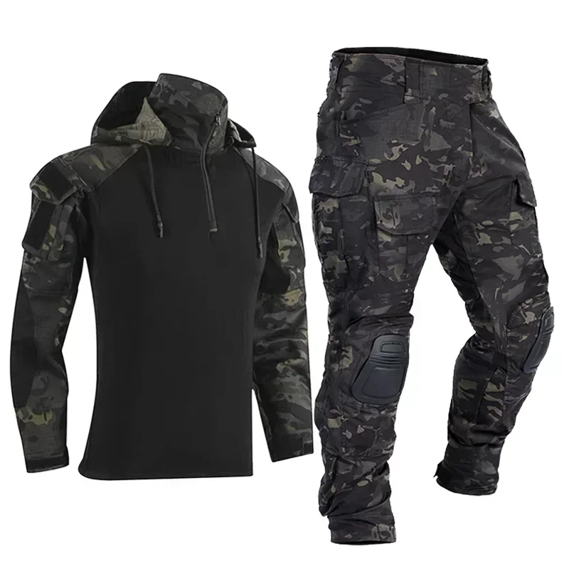 Trajes tácticos Airsoft, uniforme de Paintball, ropa de trabajo, camisas de combate, capucha, pantalones Cargo de camuflaje a prueba de viento, rodilleras, ropa de caza