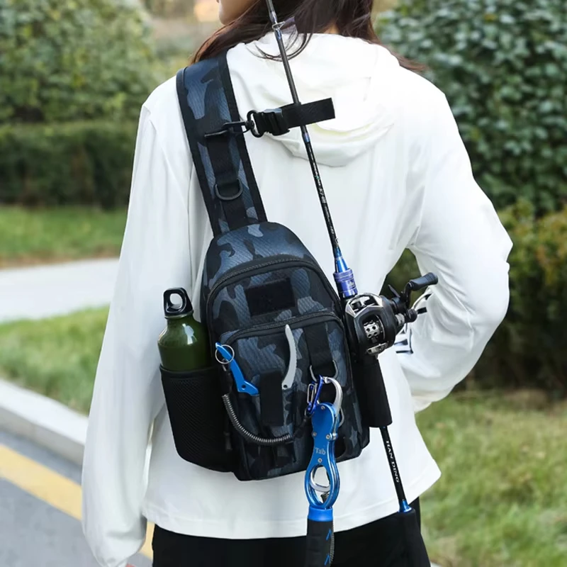 Bolsa de pecho de pesca táctica, almacenamiento grande para deportes al aire libre, escalada, senderismo, Camping, bolsa de pesca con soporte para caña, riñonera con señuelo Molle - imagen 2