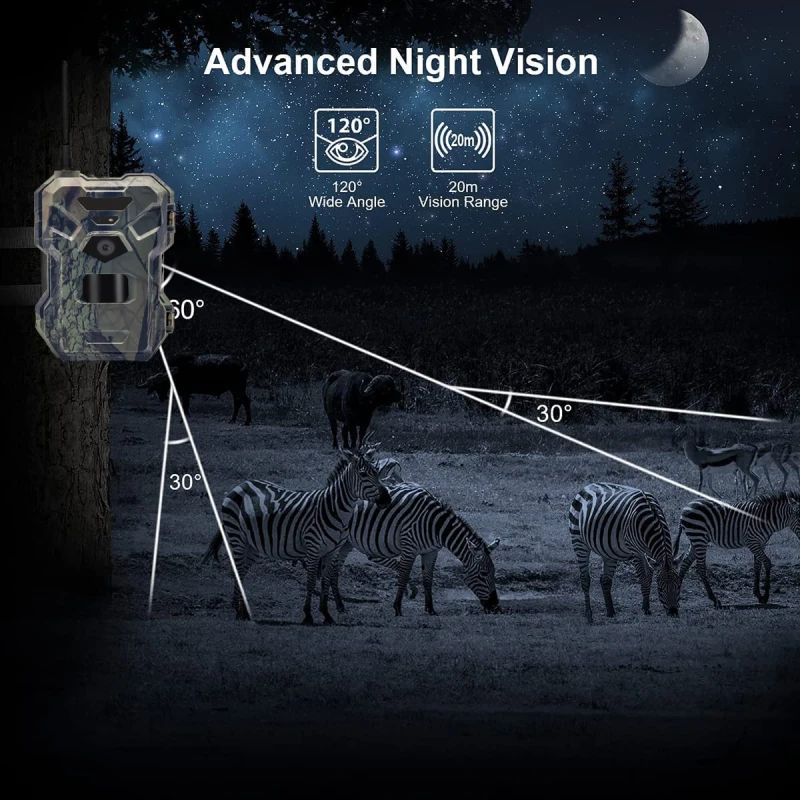 Cámara de rastreo de visión nocturna para exteriores, 4G, 30MP, HD, 2K, Control por aplicación, juego de trampa, cámara de rastreo de caza de 120 grados, cámara celular inalámbrica para vida silvestre - imagen 4