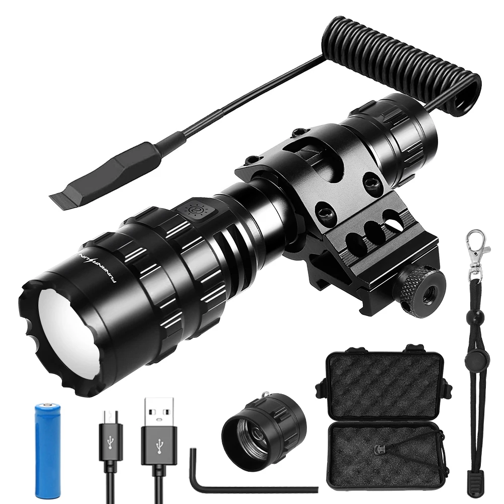 Linterna LED táctica de 2000 lúmenes, luz de pistola con zoom recargable y Clip de montaje para linterna, luz para pistola de caza