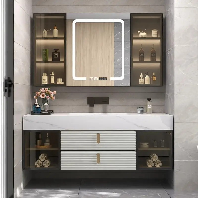 Mueble de baño de cerámica sin costuras, ligero y lujoso, combinado con lavabo integrado con placa de roca, moderno y sencillo - imagen 4