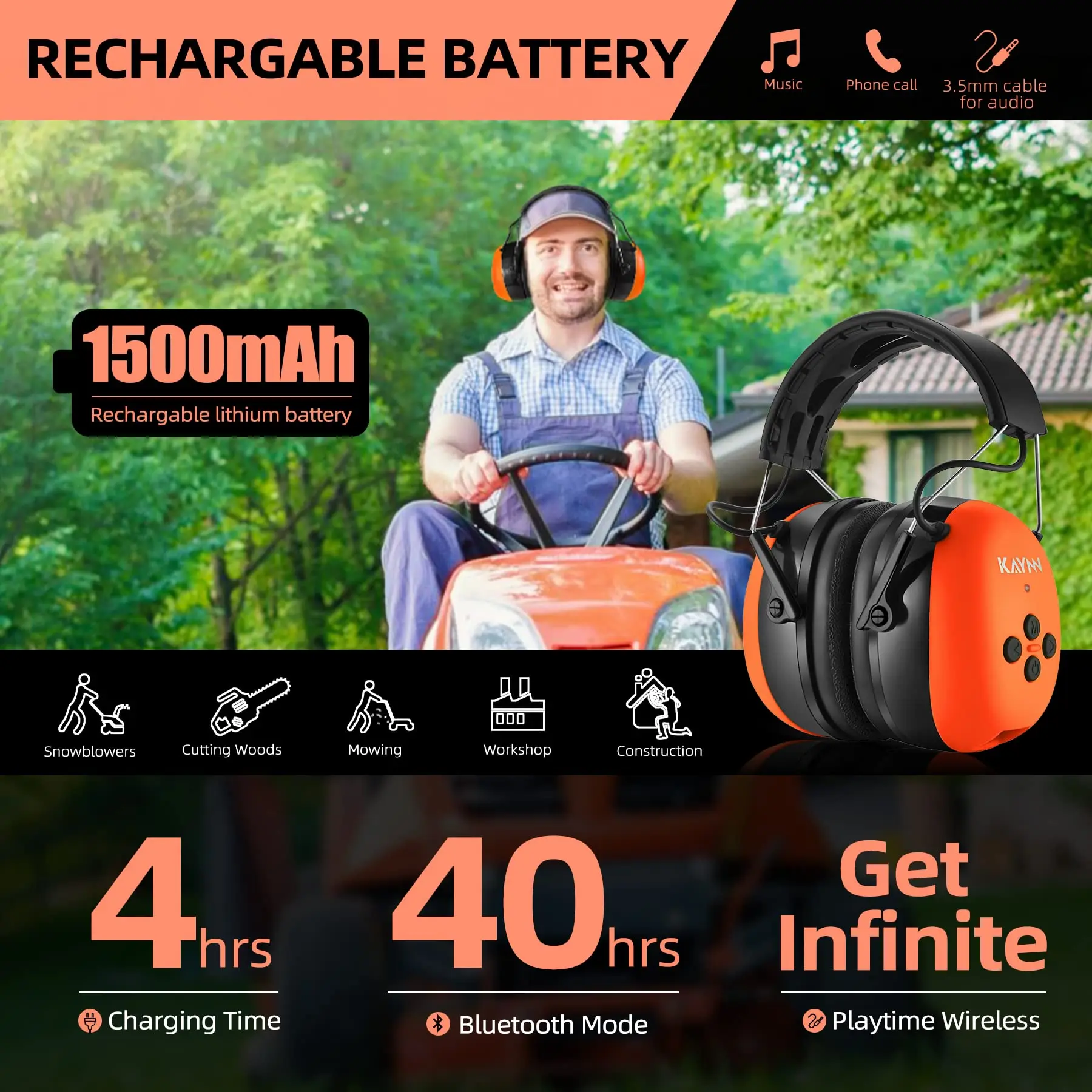 Protección Auditiva Bluetooth, auriculares de música, Protector de reducción de ruido, orejeras de seguridad para cortar - imagen 3