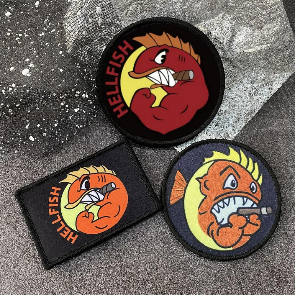 Parche de gancho y bucle con estampado de pez infierno de lucha, brazalete divertido, insignia de moral, emblema, mochila, accesorios tácticos, pegatinas - imagen 2