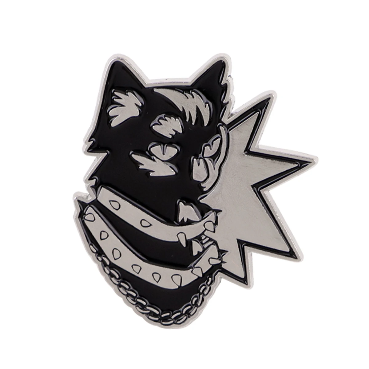 Pin con diseño de gato negro punk y patrón de estrellas