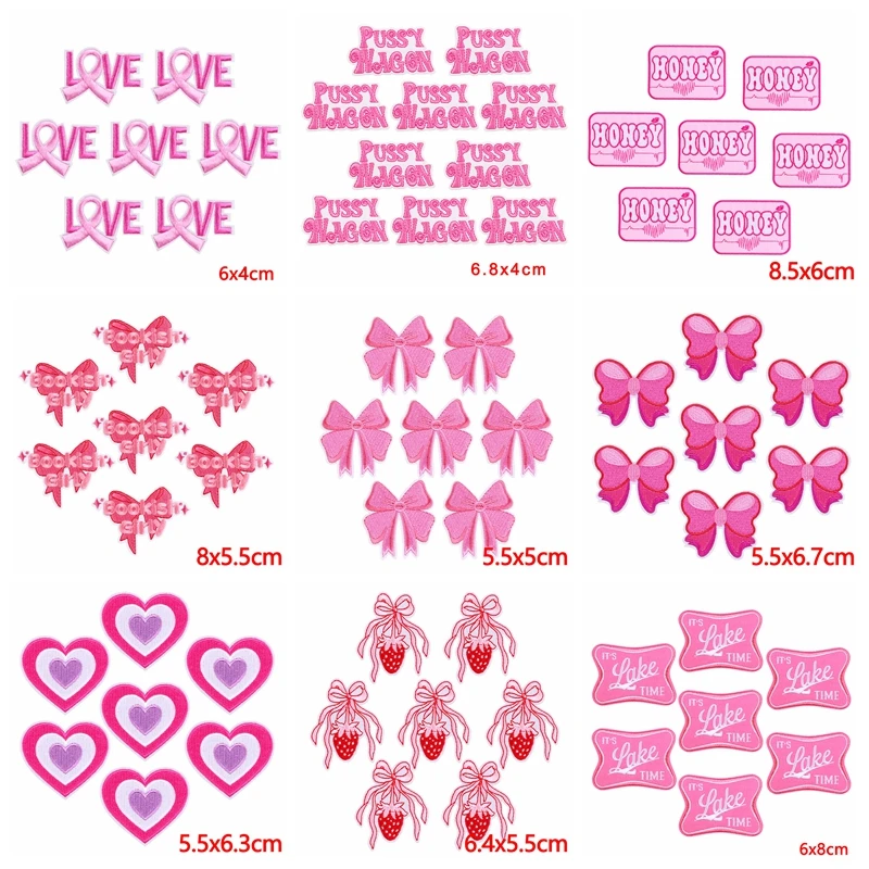 10 Uds. Venta al por mayor de parches bordados de labios de corona de lazo rosa para ropa, parches termoadhesivos DIY para ropa, parche para planchar en mochila - imagen 2