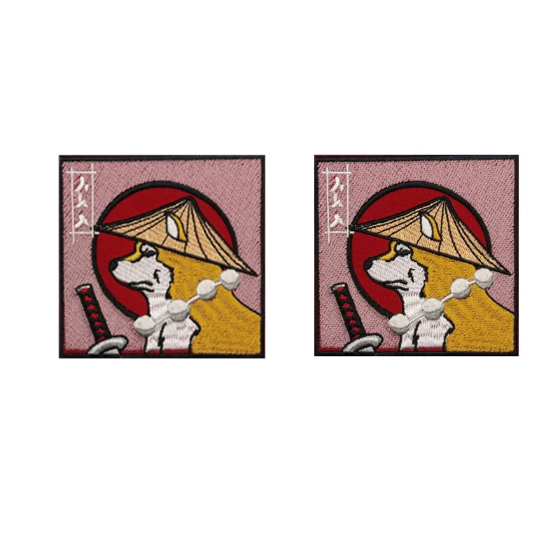 Samurai japonés Shiba Inu con un cuchillo, parches bordados para ropa, insignias bordadas de animales, dibujos animados DIY