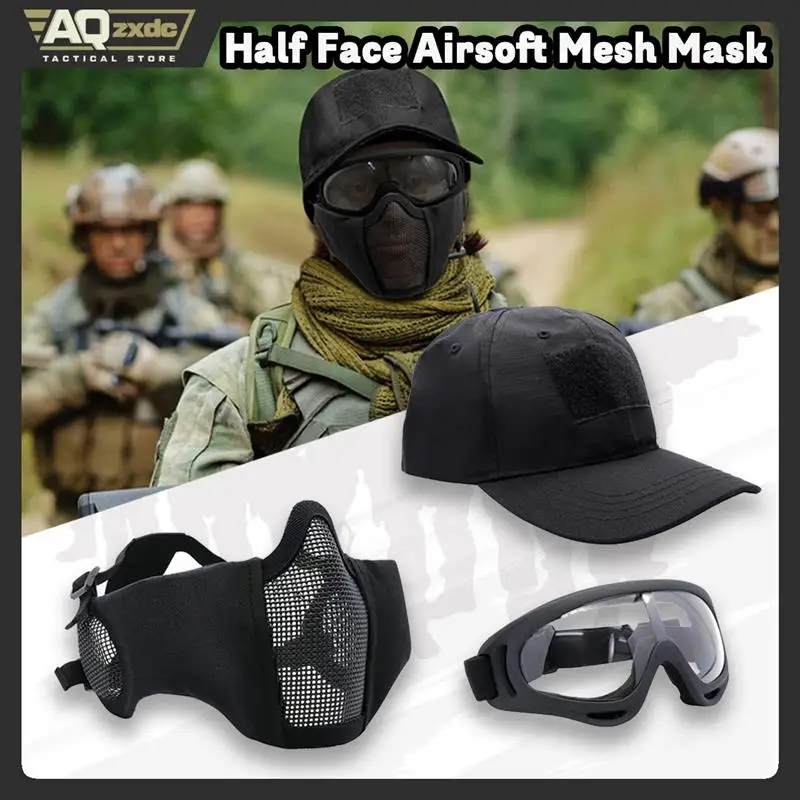 AQzxdc Máscara Airsoft con gafas Máscara de malla Airsoft plegable de media cara con protección para los oídos para tiro de Paintball Cosplay CS Game