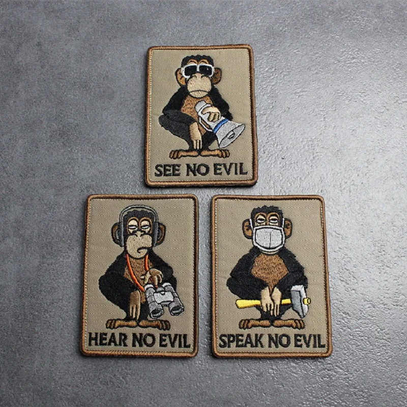 Brazalete de Animal con parche de gancho y bucle, bordado 3D de mono táctico creativo, no escucha, no lo dice, no ve la mochila - imagen 2