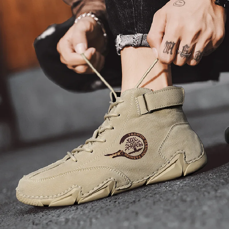 Botas de talla grande para hombre, botines flexibles con cordones para exteriores, zapatos informales de cuero cosido, invierno, 2023 - imagen 5
