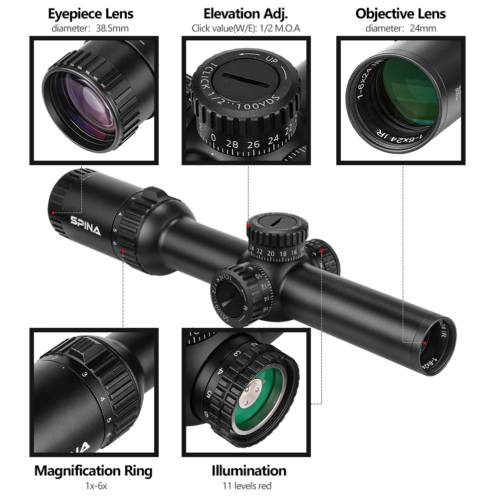 SPINA Optics-mira telescópica compacta para caza, mira telescópica compacta con montaje Dual QD, iluminada en rojo y verde para Tiro Táctico al aire libre, 1-6x24 IR - imagen 4