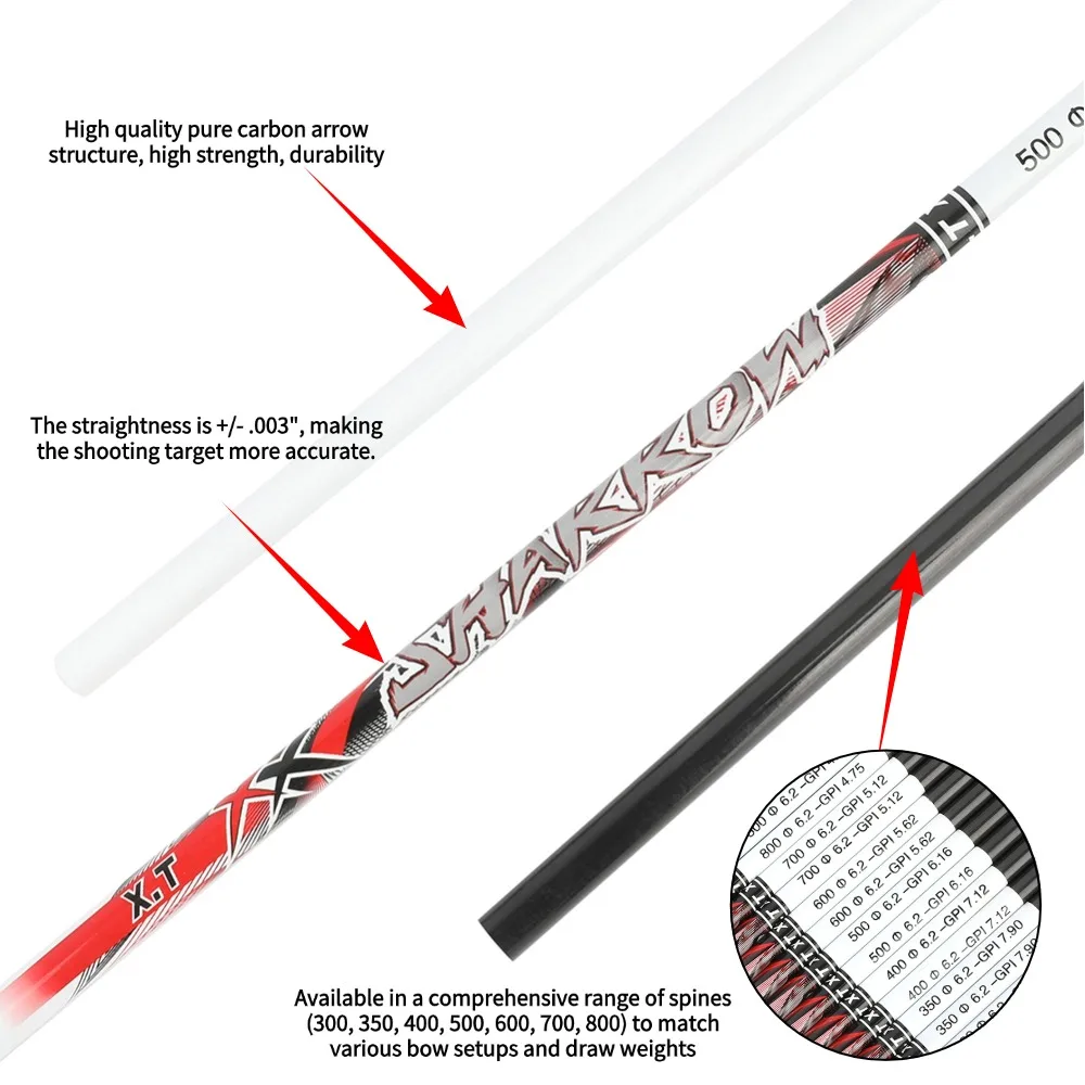 6/12pc 32 pulgadas tiro con arco flecha de carbono puro eje OD7.6-7.0mm ID6.2mm SP300/350/400/500/600/700/800 arco flecha accesorios de caza - imagen 3