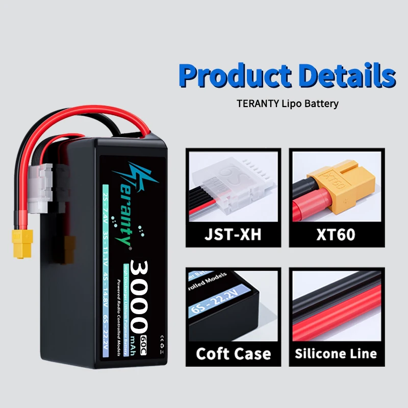 2 Baterías Lipo TERANTY 6S 3000mAh 22.2V 22.8V 60C 80C con Conector XT60 XT90 para Dron FPV, Helicóptero, Avión, Coche RC, Camión, Barco - imagen 5