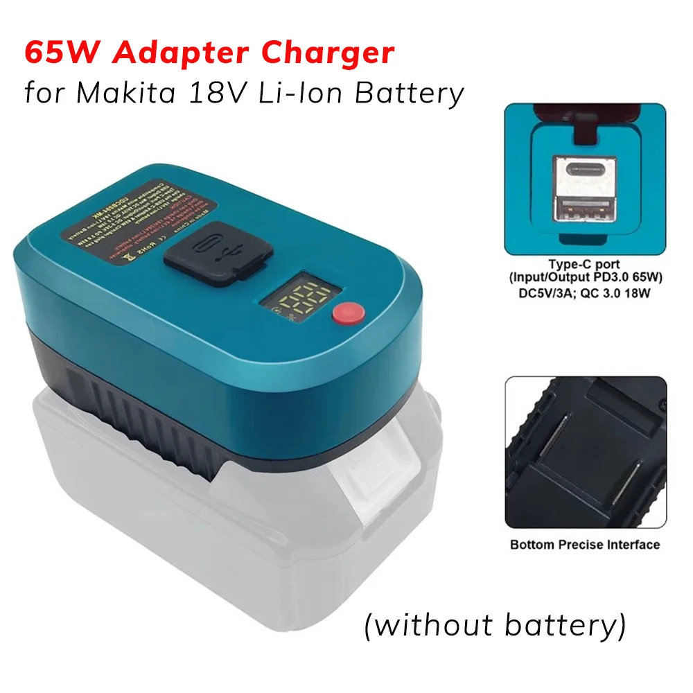 Cargador adaptador mejorado de 65W para batería iones litio Makita 18V con puerto tipo C y USB convertidor carga inverso