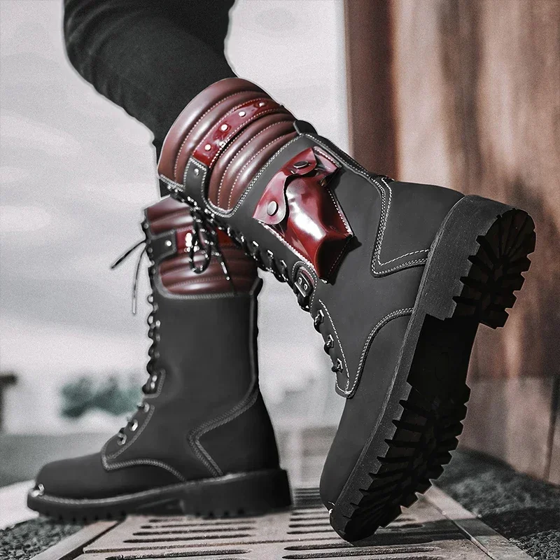Botas de tacón alto para hombre, zapatos informales de cuero con cordones, color negro, estilo Punk, motorista, a la moda, estilo militar, para invierno - imagen 5