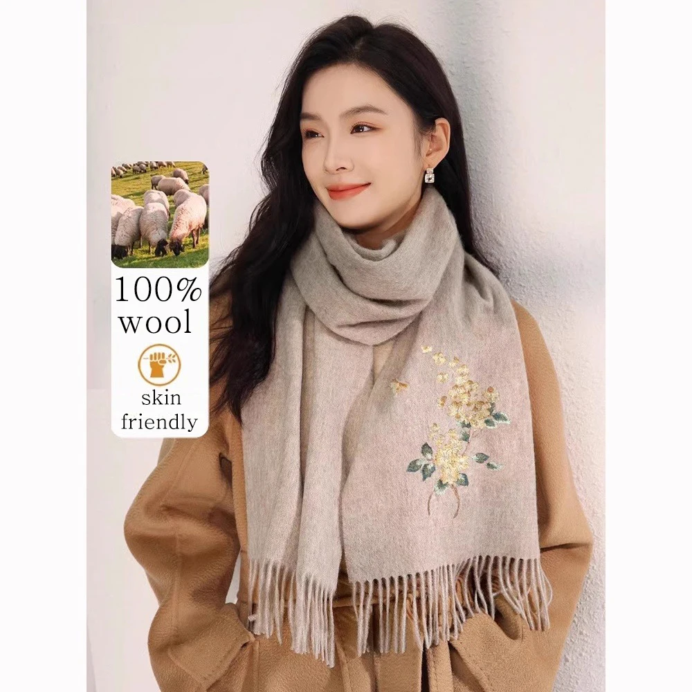 100% bufanda de lana pura tejido térmico de lujo respetuoso con el medio ambiente diseño bordado de China accesorios de ropa decoración regalo suave mujer chica - imagen 5