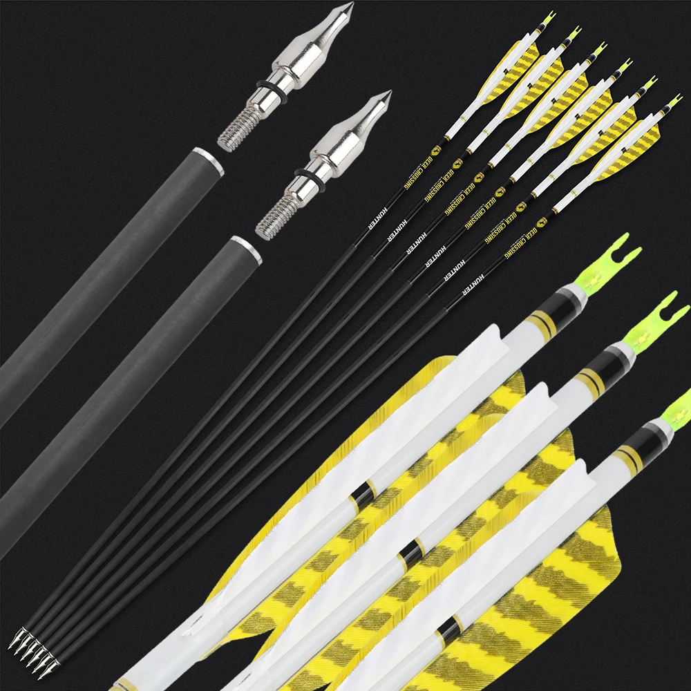 Flechas de carbono puro para tiro con arco, columna vertebral de 33,8 pulgadas, eje de 300-800 ID6.2mm, pluma giratoria de 4 ", arco compuesto para caza, arco recurvo, tiro al objetivo