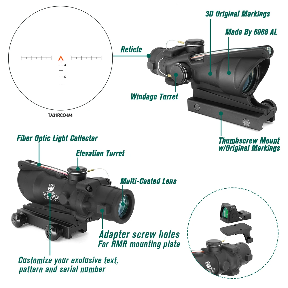 Nuevo 2024 en SPECPRECISION táctico COG 4X32 TA31 fibra de vidrio Real RCO-M4 retícula mira telescópica con marcas originales TA51 montaje plano - imagen 5